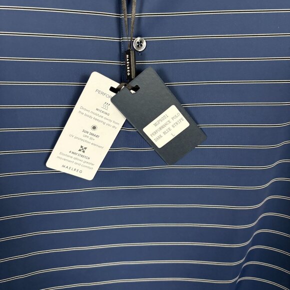 Maelreg Mens Performance Polo Shirt Blue Striped Short Sleeve Large NWT's - Picture 6 of 8